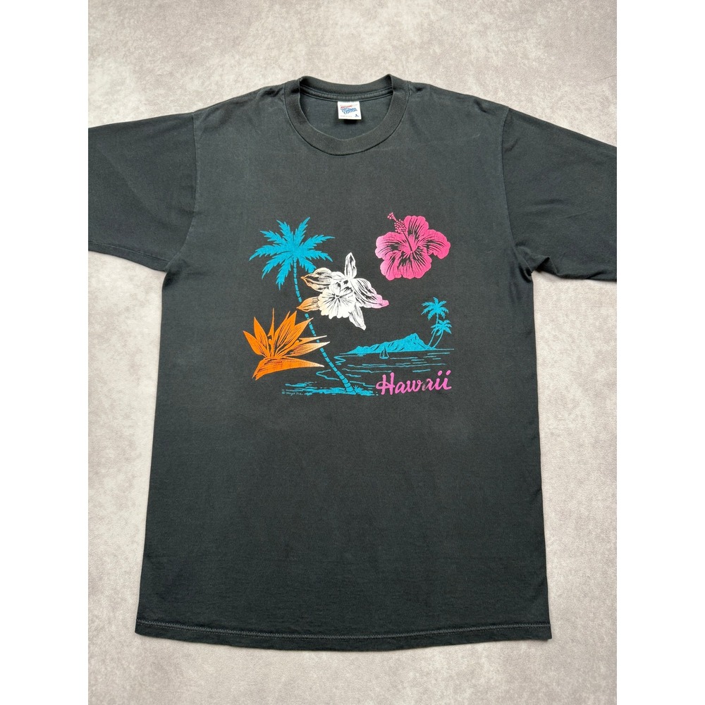 VTG Jerzees Hawaii T-Shirt Adult Unisex L Black Neon Tropical Single Stitch USA